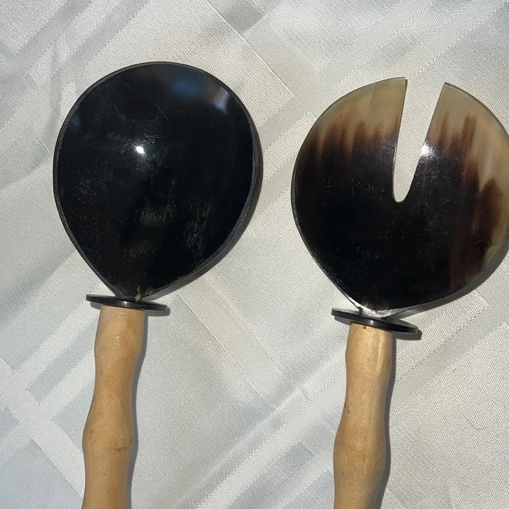 Pair of 11” Horn and Wood Serving Spoons